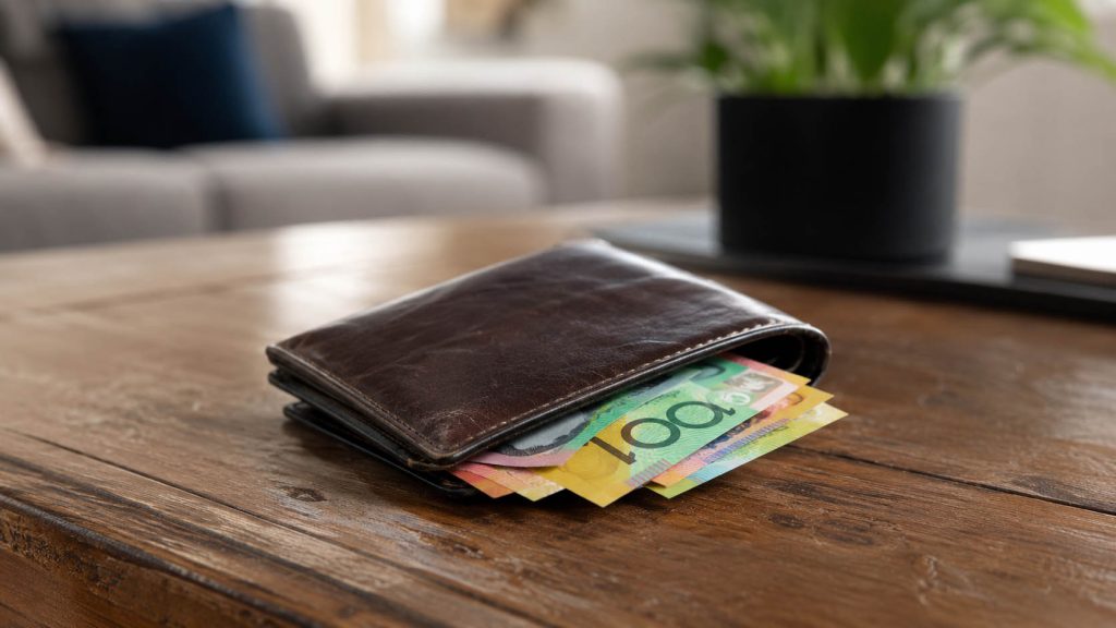 Wallet on table with AUDs.
